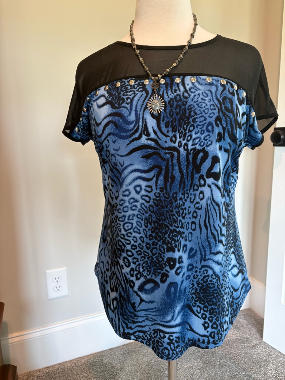 Blue Animal Print Short Sleeve Top with Mesh Yoke